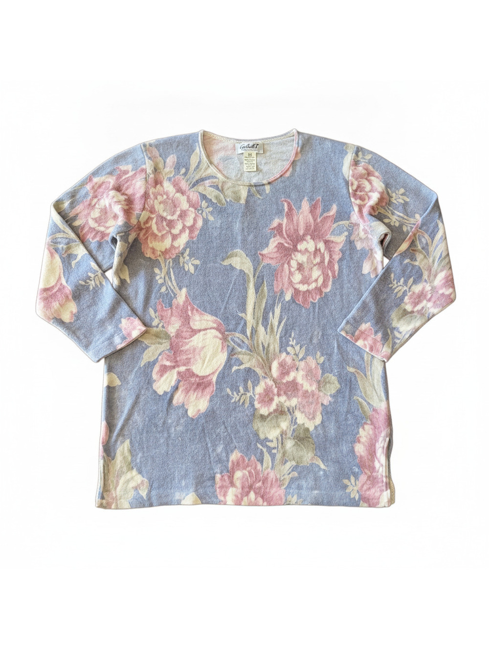 Gabriella T Wool Floral Sweater M Knit Pullover Blue Pink Vintage Made in Italy